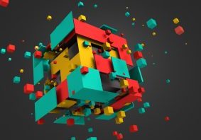Abstract,3d,Rendering,Of,Chaotic,Particles.,Colored,Cubes,In,Empty